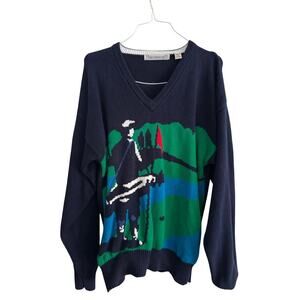 Vintage John Ashford Men's Blue Green Cotton Golf V-Neck Sweater Size Large